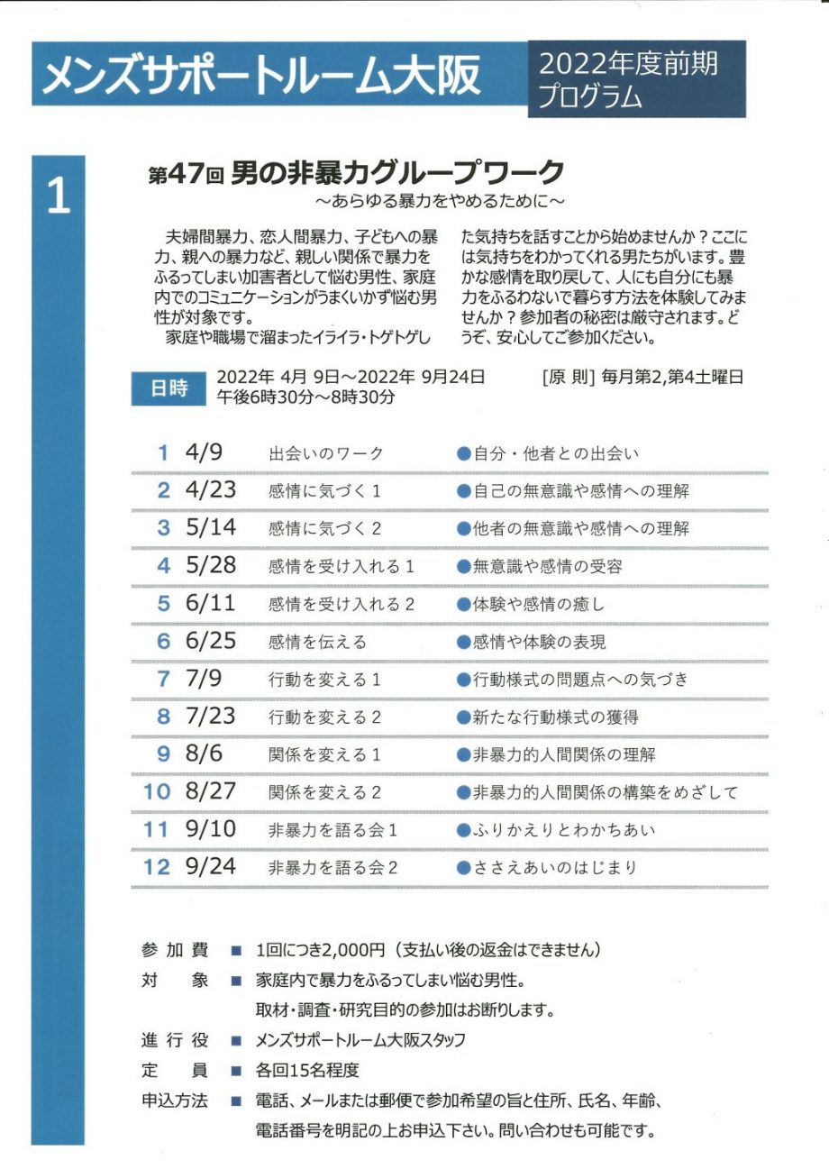 メンズサポートルーム大阪、2022年前期プログラムのご案内。
（1）
第47回男の非暴力グループワーク2022年4月9日から9月24日まで、原則第2、第4土曜日開催。